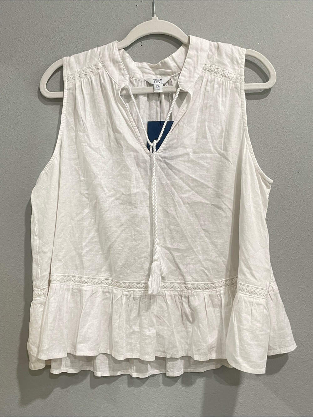 Linen Blend White Sleeveless Flowy Coastal Beachy Crochet Peasant Top (LP)